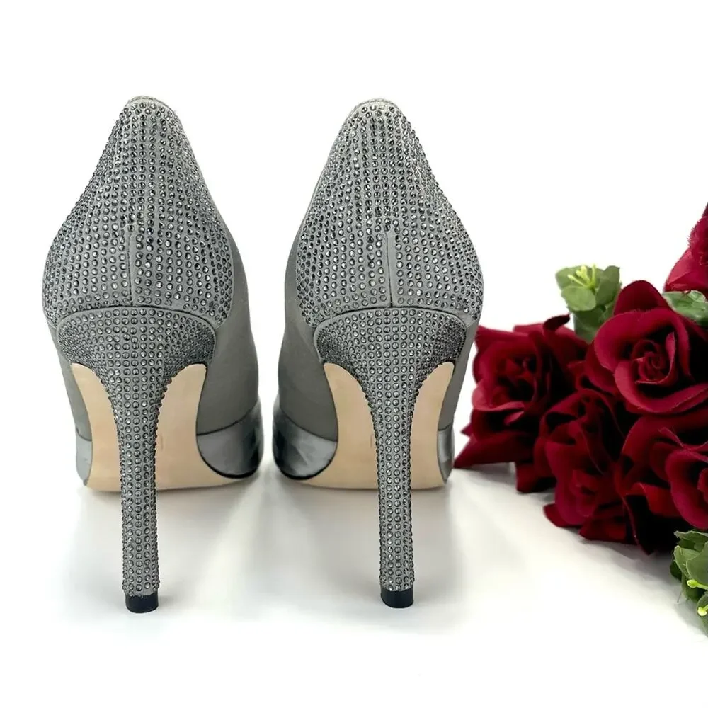 Pelle Moda Stiletto Pump Silver/Gray Satin Sparkly Rhinestone Along The Heel New
